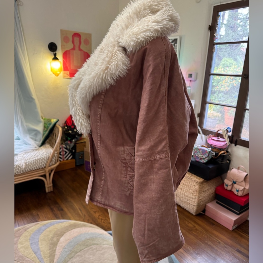 Free People Pink Denim Jacket with White Faux Fur Collar NWT - Picture 7 of 11